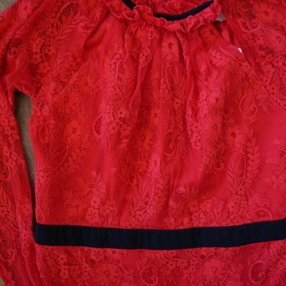 Romantic Three Floor Split Tease Cutout Long Sleeve Floral Lace Maxi Dress Red 8 - Picture 13 of 16